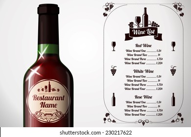 Menu template - for wine and alcohol with realistic red wine bottle, and label with place for your text and design. Vector