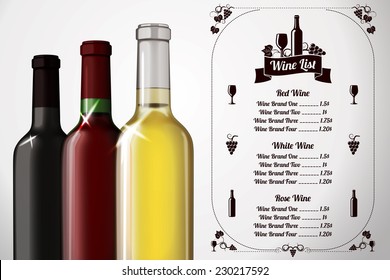 Menu template - for wine and alcohol with three realistic wine bottles, and label with place for your text and design. Vector