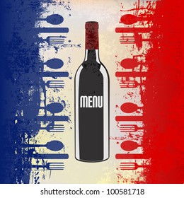 A menu template with a wine bottle over a grunged french flag