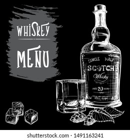 Menu templated for the whisky related businesses. Black and white sketch imitating chalk drawing on a blackboard. Grunge texture background. EPS10 vector illustration.