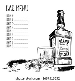 Menu templated for the whisky related businesses. Black and white sketch imitating chalk drawing on a blackboard. Sketch style drawing isolated on white background. EPS10 vector illustration.