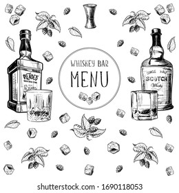 Menu templated for the whisky related businesses. Black and white sketch imitating chalk drawing on a blackboard. Sketch style drawing isolated on white background. EPS10 vector illustration.