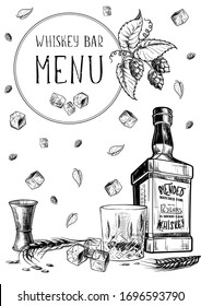 Menu templated for the whisky related businesses. Black and white sketch imitating chalk drawing on a blackboard. Sketch style drawing isolated on white background. EPS10 vector illustration.