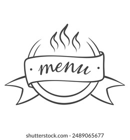 Texto del menú en círculo con fuego e icono de cinta, BBQ restaurante retro diseño del logotipo. Logotipo de parrilla de barbacoa caliente de garabato divertido, placa de tipografía. Icono de menú de barbacoa dibujado a mano Ilustración vectorial