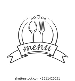 Menu text on ribbon, fork and spoon icon, restaurant retro logo design. Funny doodle circle typography badge with cutlery and handwritten lettering. hand drawn food menu icon vector illustration