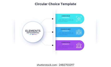 Menu with three rounded elements, tags, bookmarks. Concept of list of 3 business options to select. Modern flat simple vector illustration for data analysis information visualization, project report.