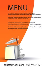 Menu in traditional restaurant: Pot with typical food on orange background. Vector image