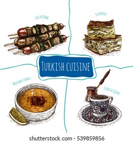 Menu of Turkey colorful illustration. Vector illustration of Turkish cuisine.