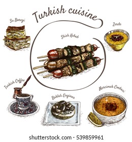 Menu of Turkey colorful illustration. Vector illustration of turkish cuisine.