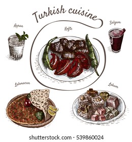 Menu of Turkey colorful illustration. Vector illustration of turkish cuisine.