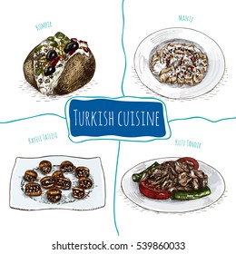 Menu of Turkey colorful illustration. Vector illustration of Turkish cuisine.