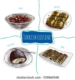 Menu of Turkey colorful illustration. Vector illustration of Turkish cuisine.