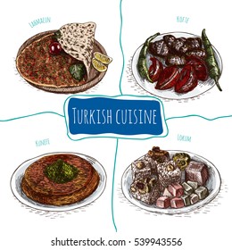 Menu of Turkey colorful illustration. Vector illustration of Turkish cuisine.