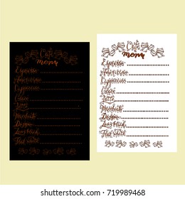 Menu in two colors background. Coffee drinks. Modern calligraphy
