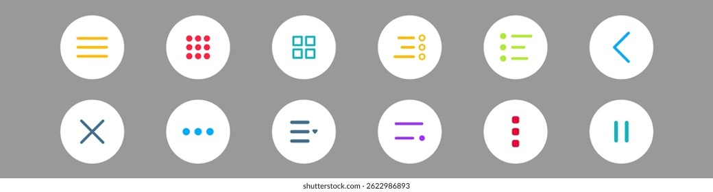 Menu UI Design Elements icons. Set of hamburger Menu buttons. Website Navigation Icons for Mobile App and User Interface. Modern colored Navigation buttons or Web menu and ui icons set