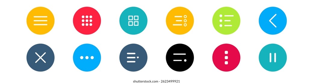 Menu UI Design Elements icons. Set of hamburger Menu buttons. Website Navigation Icons for Mobile App and User Interface. Modern colored Navigation buttons or Web menu and ui icons set
