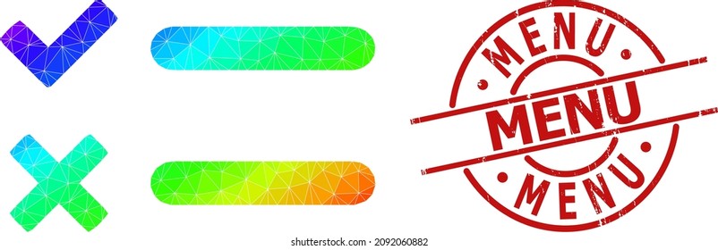 Imitación de marca no limpia MENU, e icono de lista de verificación espectral de bajo nivel con gradiente. La marca roja incluye el título del menú dentro del círculo y el formulario de líneas.