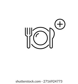 Menu update, add new dish. Restaurant menu and plus. Plate, knife and fork. Pixel perfect, editable stroke vector icon