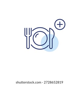 Actualizar de menú, añadir nuevo plato. Menú del restaurante y más. Plato, cuchillo y tenedor. Icono de Vector de trazo perfecto y editable