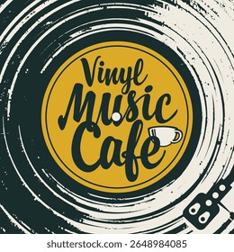 Menu vector or banner for vinyl cafe or music restaurant with old vinyl record, plate, player, cup and lettering in vintage style. Advertising poster, flyer, signboard, logo. No AI used