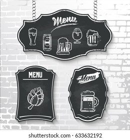 Menu with vector beer icons drawn in chalk on a black chalkboard hanging on a brick wall background. The illustration can be used for menu and signage of a bar, pub, cafe.