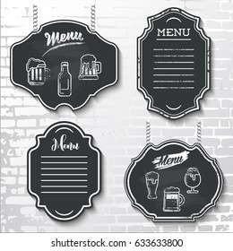 Menu With Vector Beer Icons Drawn In Chalk On A Black Chalkboard Hanging On A Brick Wall Background. The Illustration Can Be Used For Menu And Signage Of A Bar, Pub, Cafe.