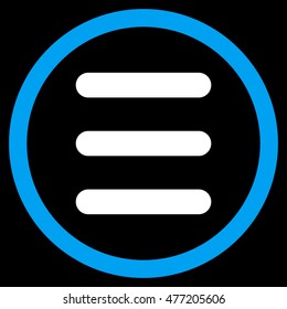 Menu vector bicolor rounded icon. Image style is a flat icon symbol inside a circle, blue and white colors, black background.