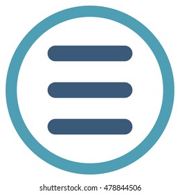 Menu vector bicolor rounded icon. Image style is a flat icon symbol inside a circle, cyan and blue colors, white background.