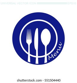 Menu vector icon. Plate with spoon, knife and fork isolated sign.