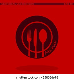 Menu vector icon. Plate with spoon, knife and fork isolated sign.