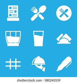 menu vector icons. Set of 9 menu filled icons such as fork and spoon, spoon and fork, grid, napkin, menu, drink, dish serving