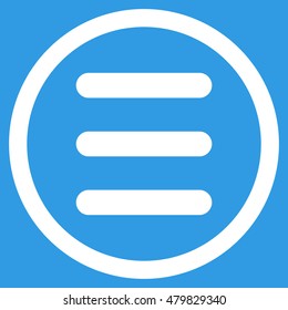 Menu vector rounded icon. Image style is a flat icon symbol inside a circle, white color, blue background.