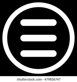 Menu vector rounded icon. Image style is a flat icon symbol inside a circle, white color, black background.