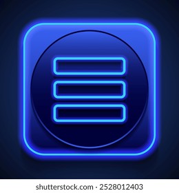 Menu vector simple icon. Flat design. Blue neon style on button. With shadow.ai