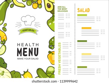 menu vector vertical illustration for shop or restaurant proper food with ripe vegetables two sides on white background
