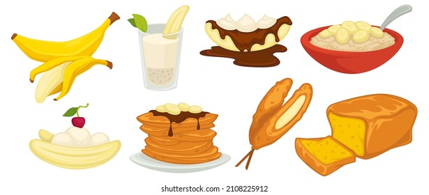 Menu for vegan and vegetarians, sweet and natural desserts made of banana. Isolated peeled exotic fruit, porridge with slices, chocolate and pancakes with syrup. Bread and fried recipe, vector in flat