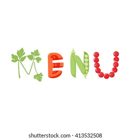 Menu vegetables letter. Healthy food vector. Lettering isolated on white background. 