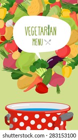 Menu of vegetables. Vegetarian food vector illustration. Concept for restaurant nutrition. Cooking in a pan of useful products