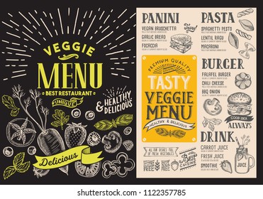 Menu for vegetarian restaurant. Vector food flyer for bar and cafe. Design template with food hand-drawn graphic illustrations.