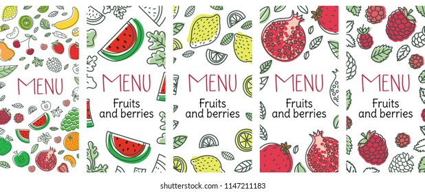 Menu vegetarian, vegan, healthy food. Vector English template. Fruits, berries. Lemon, raspberry, watermelon, pomegranate. Hand drawn design. Doodle sketch