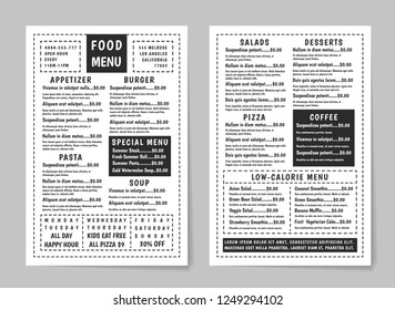 Menu vintage food template. Restaurant brochure. Banner for cafe. Classic flyer with daily specials. Retro background for typography.