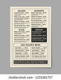 Menu vintage food template. Restaurant brochure. Banner for cafe. Classic flyer with daily specials. Retro background for typography.