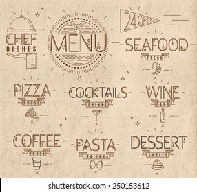 Menu in vintage modern lines style drawn symbols pizza, pasta, seafood, wine, cocktails, coffee, chef dish, 24 open drawing on kraft background.