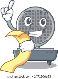 With menu waffle iron in cartoon kitchen cabinet