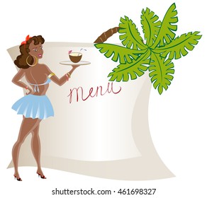 Menu with waitress, exotic coconut cocktail and palm. EPS10 vector illustration
