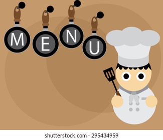 Menu Wallpaper With Chef In White / Grey And Pans On Tan Background