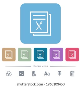 Menu white flat icons on color rounded square backgrounds. 6 bonus icons included