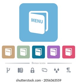 Menú iconos planos blancos en fondo cuadrado redondeado de color. 6 iconos de bonificación incluidos