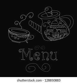 Menu white teapot and cup on a black background