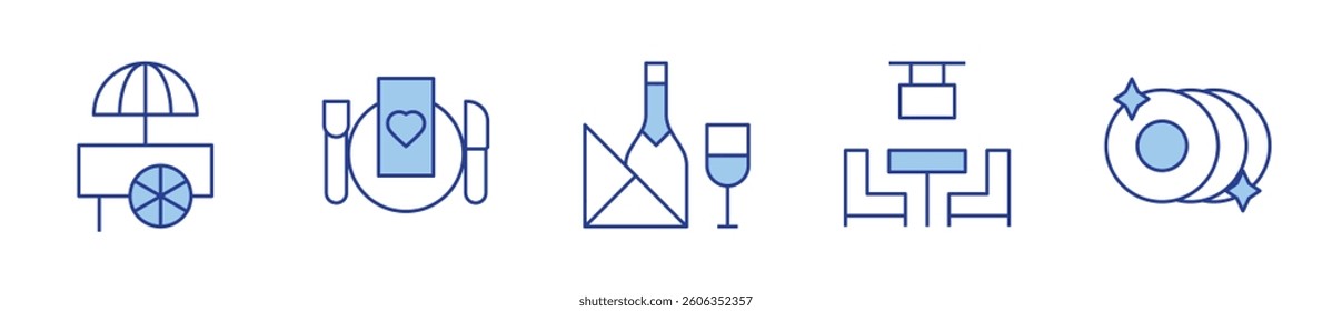 menu, wine, bar, plate, food cart. Restaurant Icon vector illustration. Line Duotone style. Editable stroke.